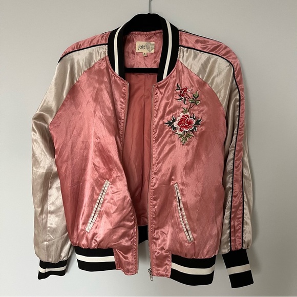Pink Silk Flowered Embroidered Bomber Jacket - Picture 3 of 7
